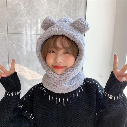 

New Winter Warm Cute Bear Ear Hat Outdoor Riding Thicken One-piece Hooded Ear Protection Hat Women Casual Hat Balaclava Beanies серый