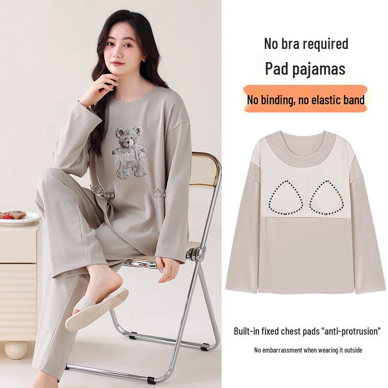 Women's Double-Sided Cotton Pajama Set with Chest Pads - Round Neck, Long Sleeve, Long Pants Pullover Style