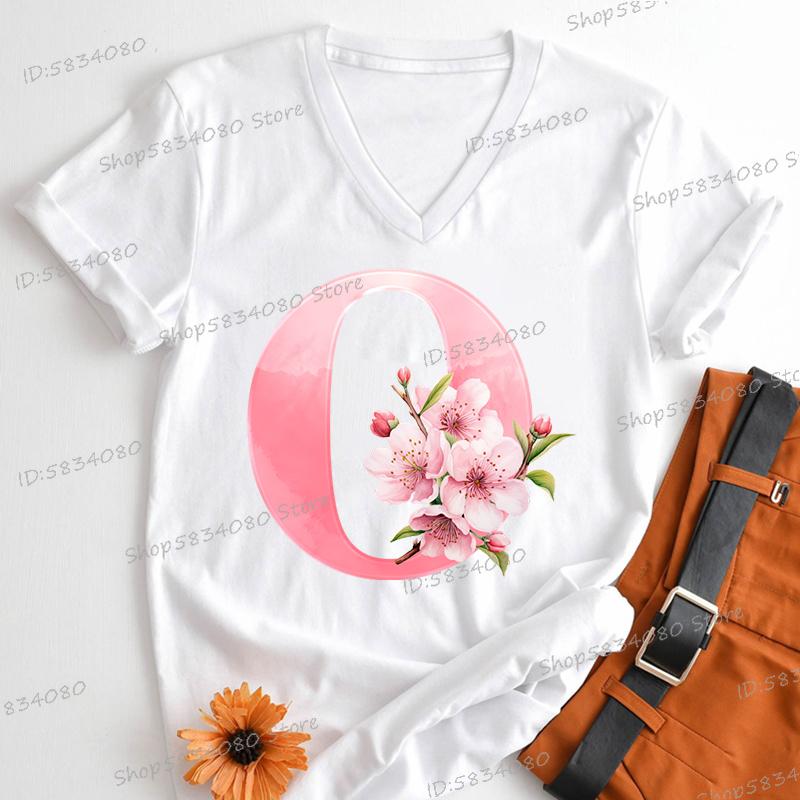 Pink Sakura Alphabet Graphic T Shirts Women AZ 26 Alphabet Pink Flower Cartoon Tshirts Cherry Blossom Letters Casual Tops Tees