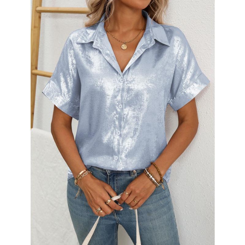 Women Lapel Short Sleeve Shirt Metallic Shiny Fabric Single Breasted Loose Vacation Casual Blouse