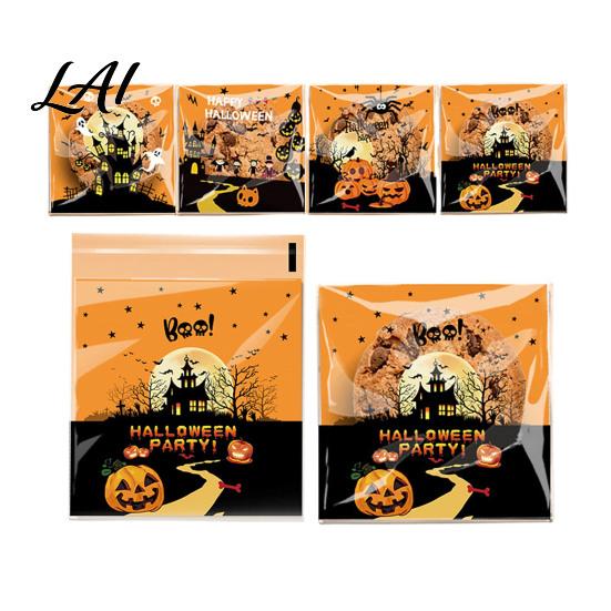Self Adhesive Treat Bags 100 Pcs Small Halloween Bags Seal Clear Candy Dessert Snack Cookie Trick or Party Favors for Holiday Cute Cartoon Pouches