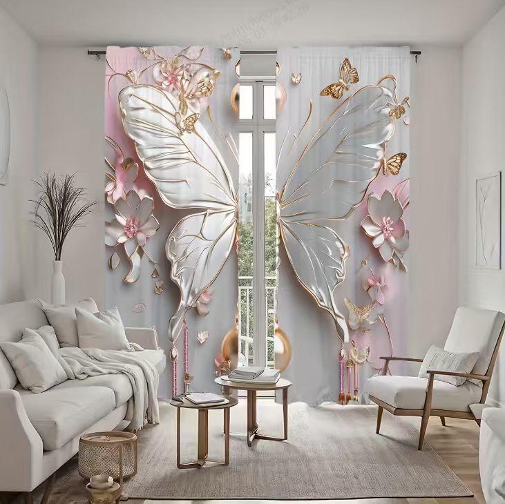 

Set Of 2 Elegant Butterfly Flower Curtains Light Blocking Polyester Living Room Bedroom Window Decor Home Curtain For Sitting Made W100*H70(CM)-Grommet top&2PCS