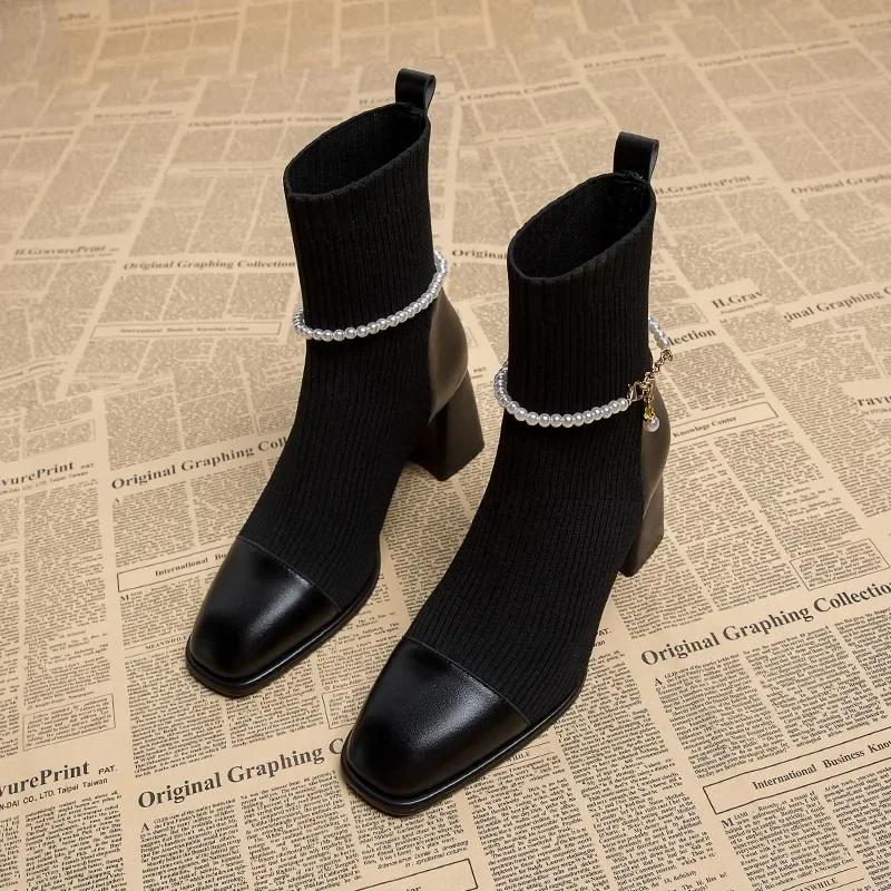 Fashion 2024 New High Heel Ankle Boots for Women Korean Style Fashion Square Toe Woman's Boots Comfortable Thick Heel Black Short Boots
