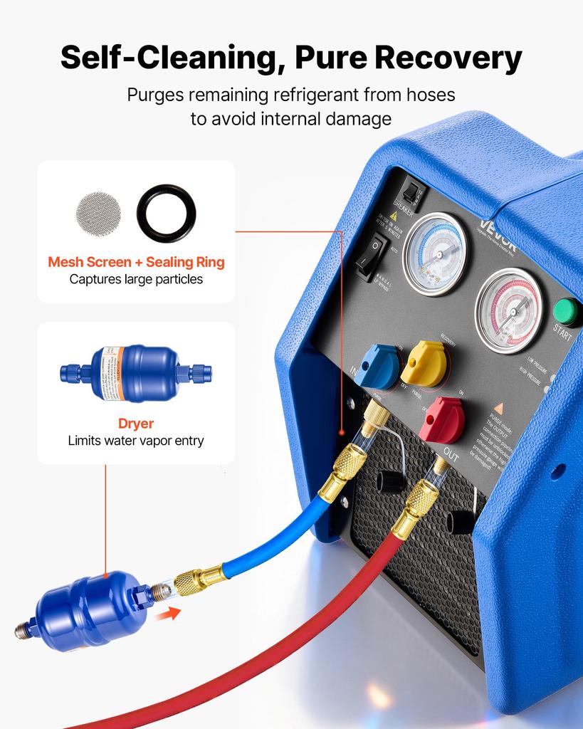 VEVOR Portable Refrigerant Recovery Machine, 3/4 HP 220V 50Hz Single Cylinder AC Recovery Machine for Liquid Vapor Refrigerant