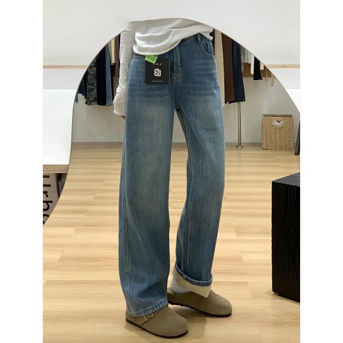 American Retro Plus Size High Waist Velvet Jeans - Women s Autumn/Winter Wide Leg Slimming Pants 4XL