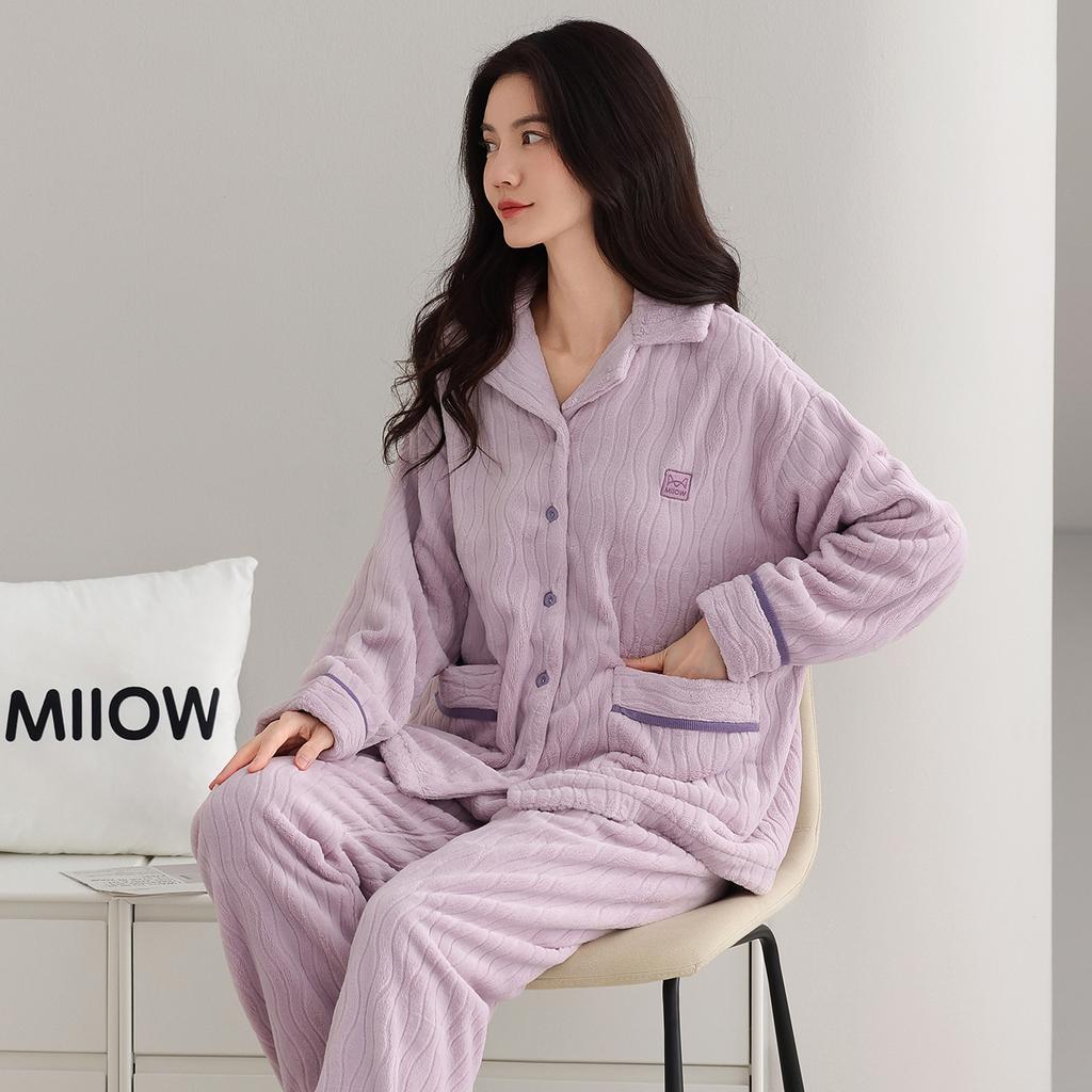 Pajamas Women'S Autumn And Winter Flannel Thickened Fleece Warm Coral Fleece Autumn And Winter Loungewear Set