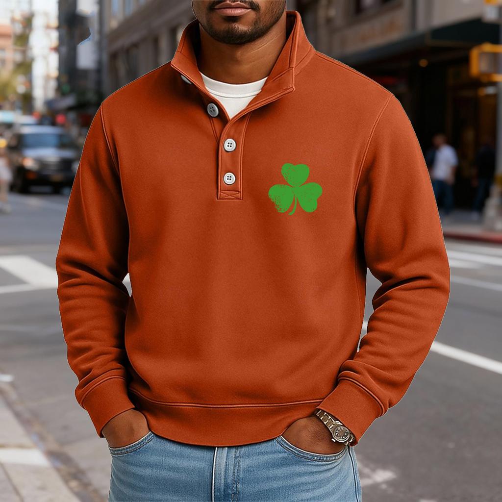 Men's Casual Stand-Up Collar Long-Sleeve Top Print Button-Down Sweatshirt