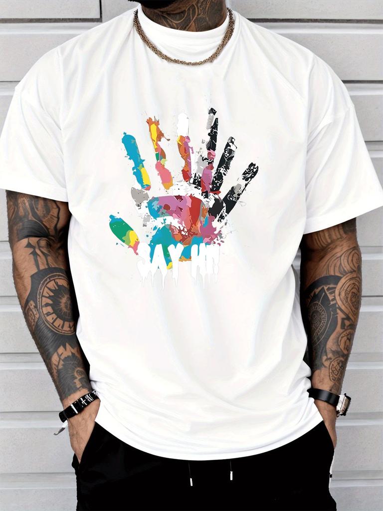 Unisex Red Tee Color Splash Handprint Say Hi Graffiti Print Short Sleeve Loose Casual Basic Top For Adult Male Daily Wear Outfit