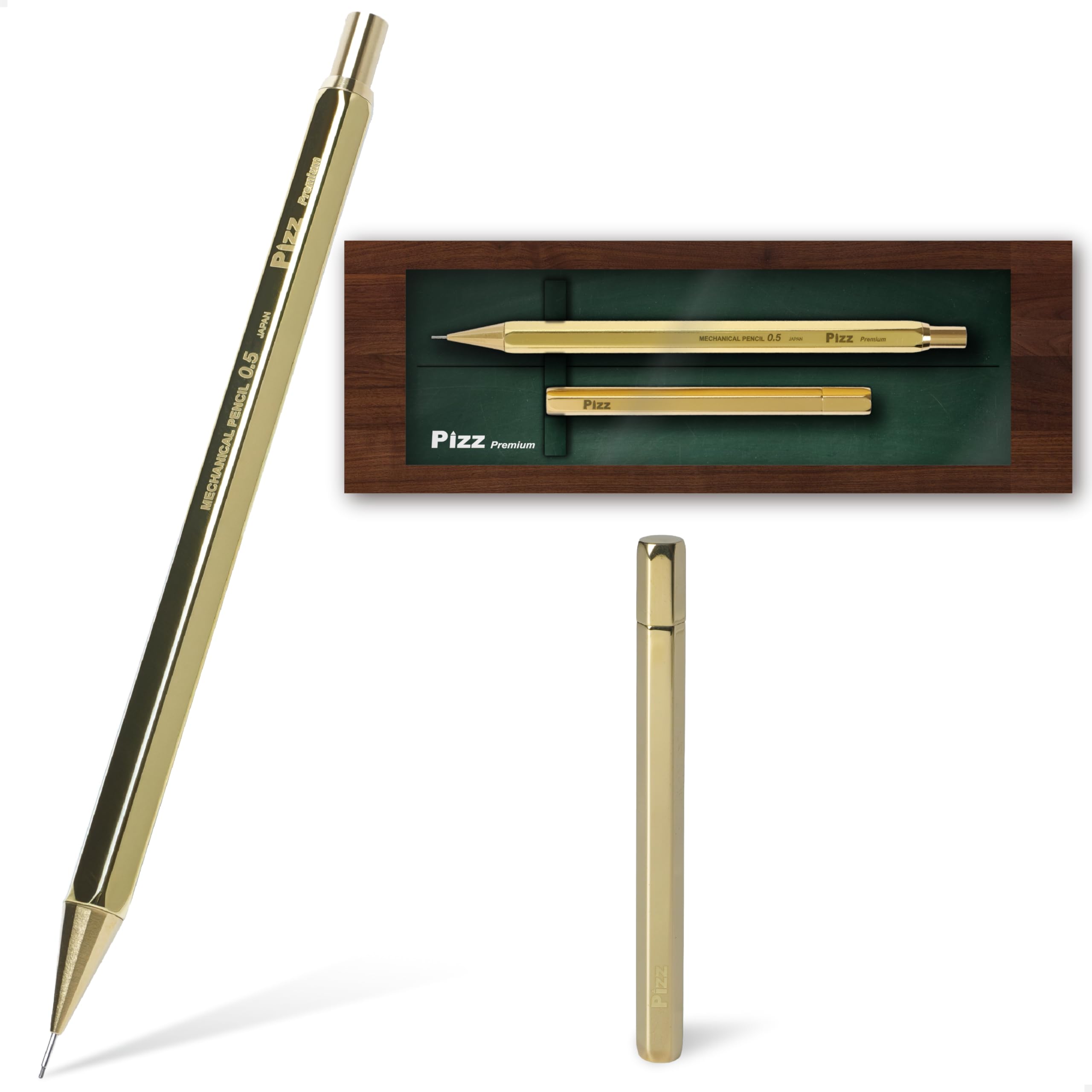 

Pizz Premium Pencil-Like Mechanical Pencil, 0.5mm, All Brass, Hexagonal Barrel, Lead Case, Chalkboard-Style Presentation Box, Made in Japan 0.5mm