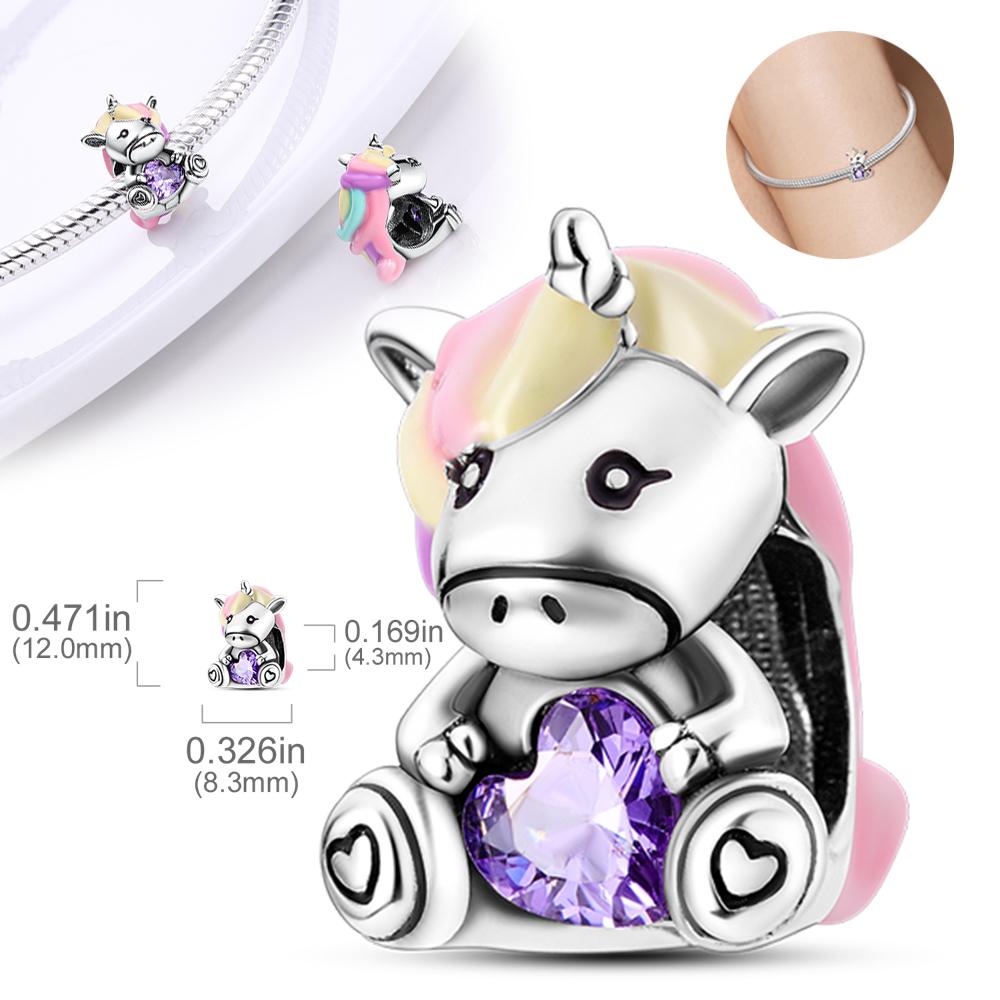 Charms Plata Cute Colorful Unicorn Purple Heart Beads Fit Original Bracelets Charms For Women Jewelry Diy Making Gifts