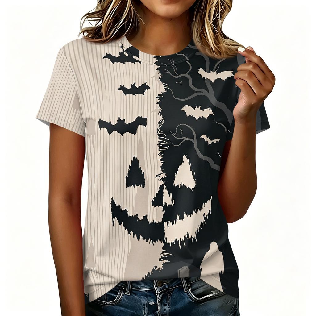 Womens Casual Pullover Short Sleeve T Shirt Halloween Graphic Print Top Lightweight Comfortable Fit