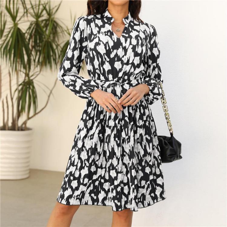 Women's Spring Floral Print V Neck Lace Up Dress Long Sleeve High Waist Knee Length Pleated