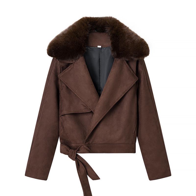 

Women s Fashion Casual Suede Jacket with Fur Collar Small темно-коричневого