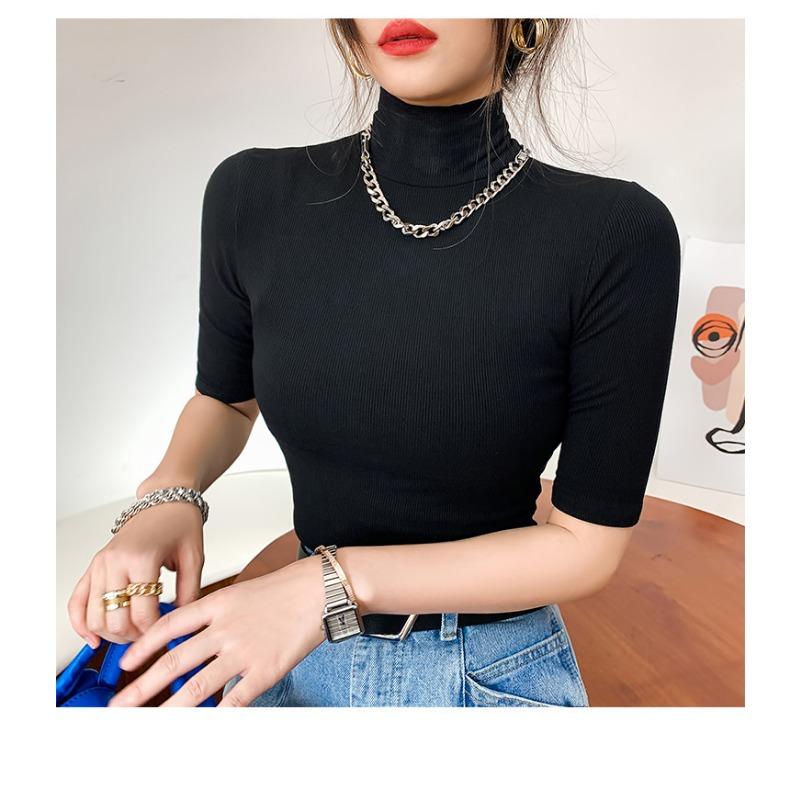 Threaded Short-sleeved T-shirt for Women Summer New Half-sleeved Turtleneck Bottoming Shirt with Inner Top