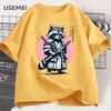 Fight Me Coward Vintage Samurai Raccoon T Shirt Japanese Cat Funny Graphic T-shirt Cotton Short Sleeve O Neck Tees Mens Clothing