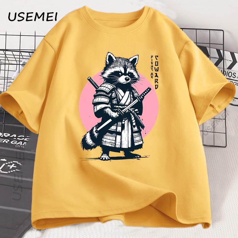 Fight Me Coward Vintage Samurai Raccoon T Shirt Japanese Cat Funny Graphic T-shirt Cotton Short Sleeve O Neck Tees Mens Clothing