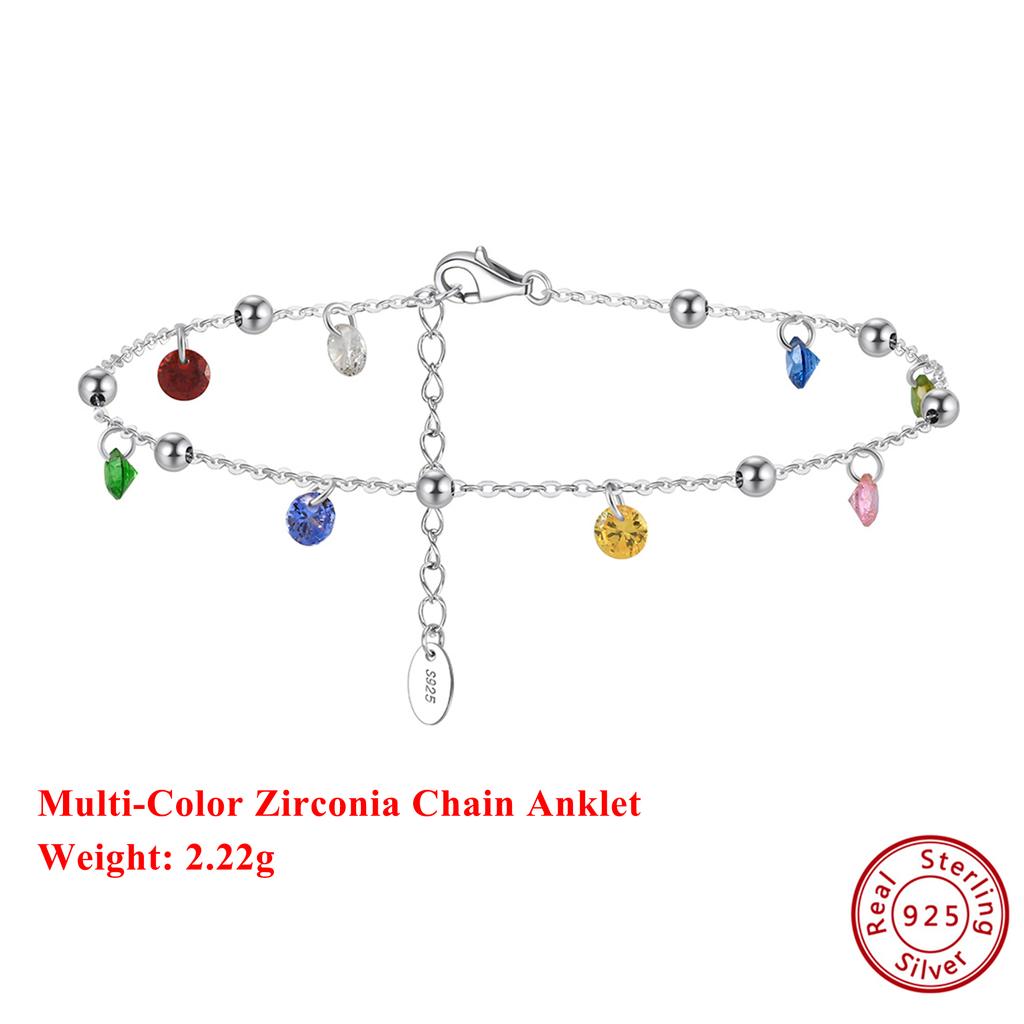 Effie Queen 925 Sterling Silver CZ Pendant Anklet Chain With Multi-Color Zirconia Design Foot Chain Summer Beach Jewelry SA93