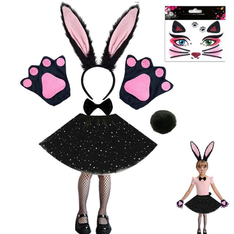 Hasenohren Stirnband Kragen Fliege Manschetten Hasen Schwanz für Halloween Cosplay Party Osterhasen Kostüm Set für Damen
