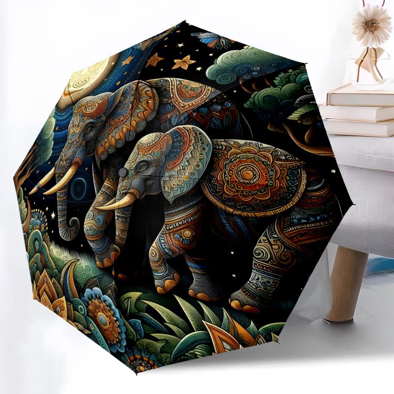 1pc Sturdy 8-Bone Auto Umbrella, Elephant Umbrella, Digital Printed, Foldable Umbrella for On-the-Go Outdoor Use