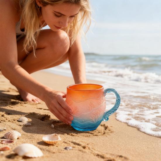 Yousheng Ocean Sunset Glass Mug Sea Inspired Coffee Cup with Wave Handle Gradient Colors Tea Cup for Hot Cold Drinks