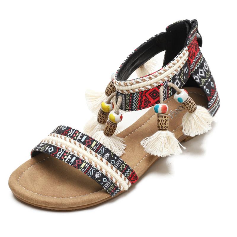 Fashion bohemian fringe ball flat sandals women colorful weaved gladiator sandalias mujer tassel summer shoes zip open sandales size 43