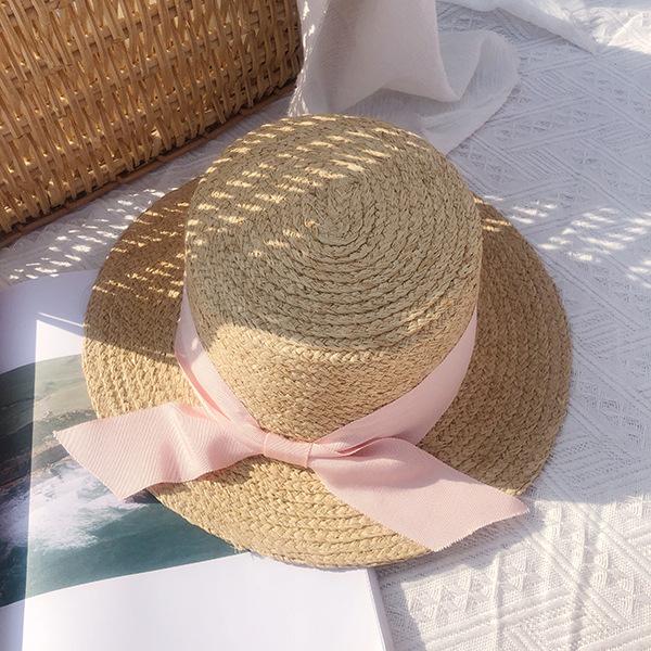 British Hepburn Style Bow Lafite Straw Hat Flat Top Vacation Vacation Beach Hat Women's Summer Top Hat