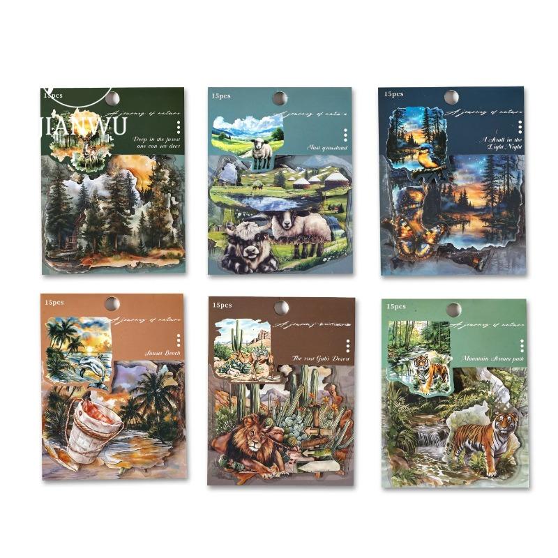 15pcs/bag Nature Journey Series Vintage Forest Tree Beach Landscape Material Collage PET Sticker Creative DIY Journal Stationery