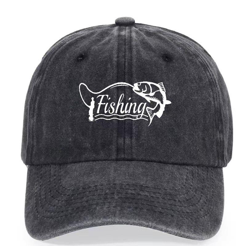Fischerei-Print Baseballkappe für Unisex, Outdoor-Hut mit gebogenem Schirm, stylische amerikanische gewaschene Vintage-Baseballkappe, trendiger Stil