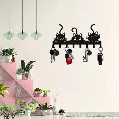 Cute Cat Key Holder Wall Mounted Entryway Coat Hook Rack Space-Saving Animal Decor with Multi-Hooks for Keys Hats Scarves
