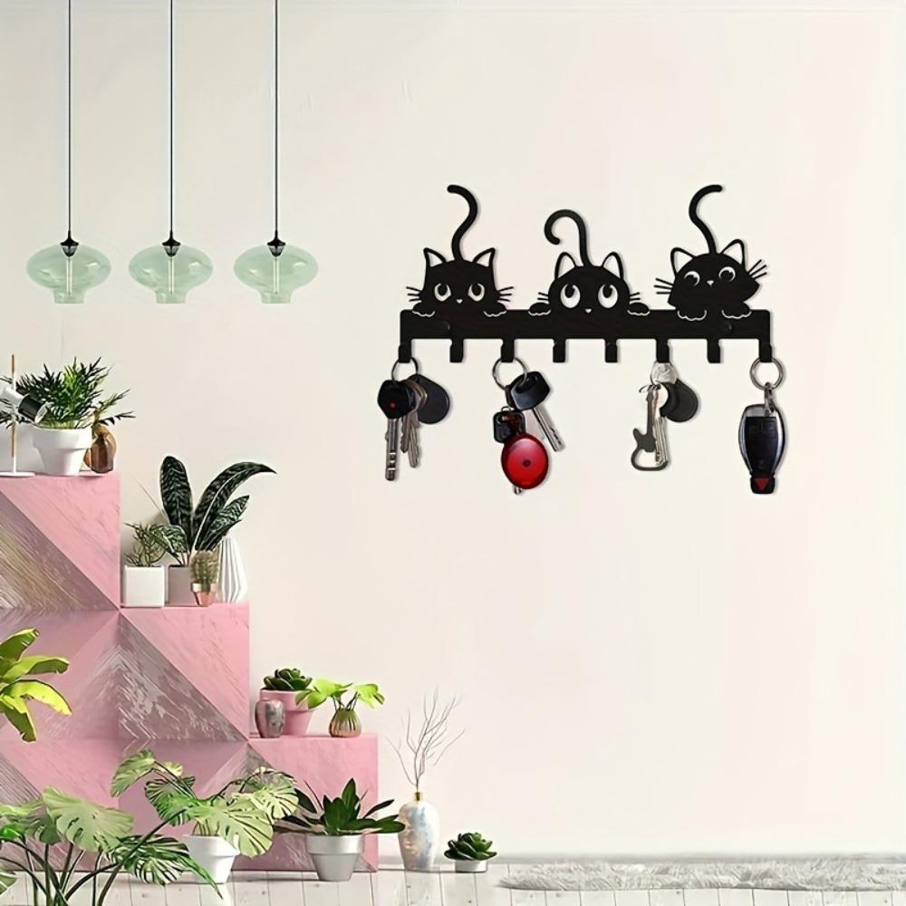 Cute Cat Key Holder Wall Mounted Entryway Coat Hook Rack Space-Saving Animal Decor with Multi-Hooks for Keys Hats Scarves