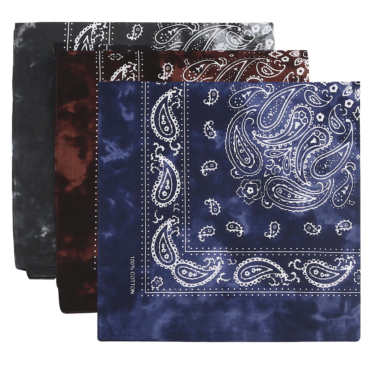 Trifong Bandana Paisley Tie-dye Black Navy Brown 3pcs 100% Cotton Handkerchief Bandana Adults Stylish Cotton Bandana Men s Unisex 55cm x 55cm
