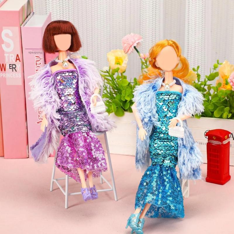 3 Sets 30cm Girl Doll Clothes Girls Doll Accessories Mermaids Evening Gown Dress Fur Shawl Shoes Outfit Doll Clothing(NO DOLL)