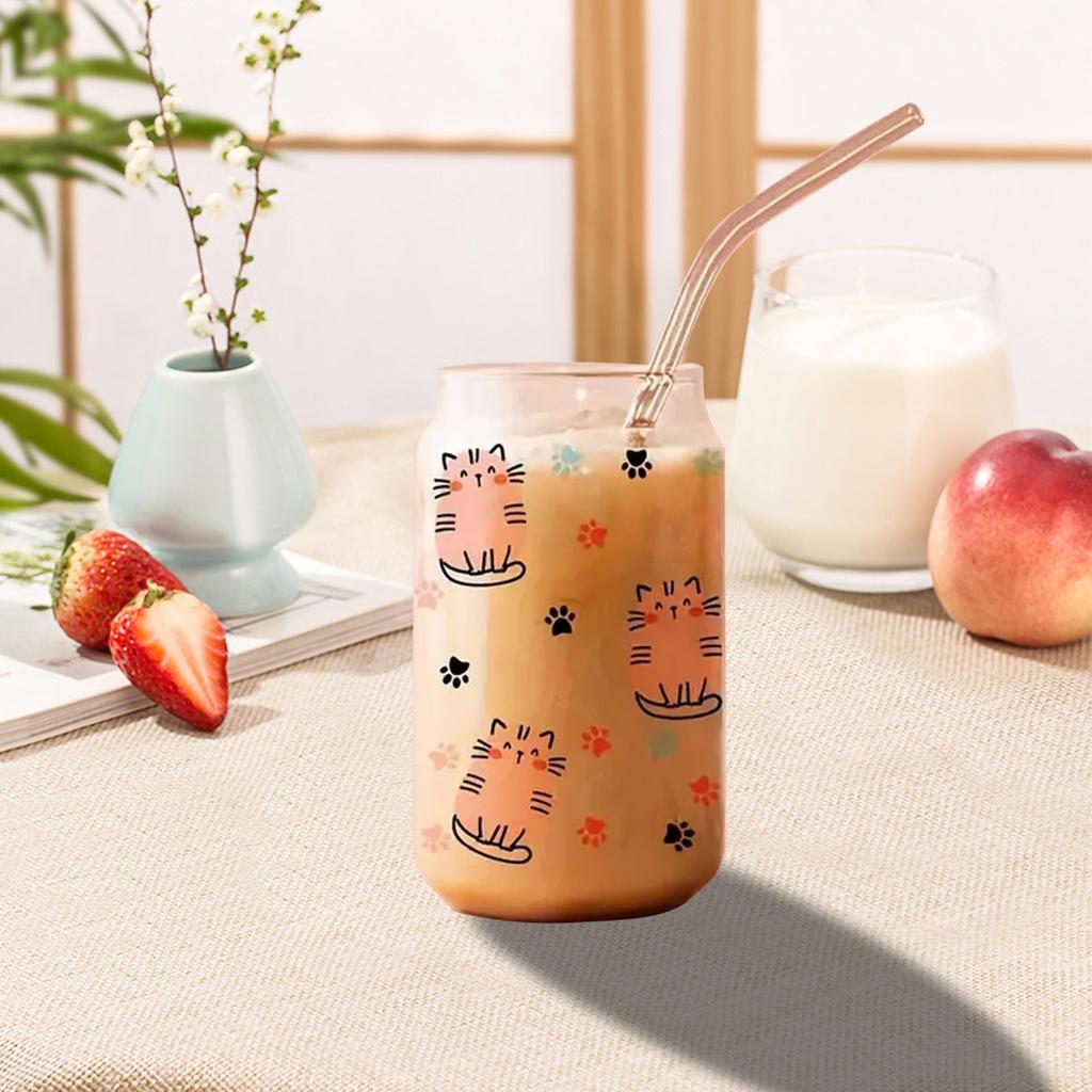 1pc 16oz Cartoon Sticker Transparent Glass Tumbler Cute Fat Orange Cat Sticker Milk Cup Coffee Cup Suitable For Daily Use