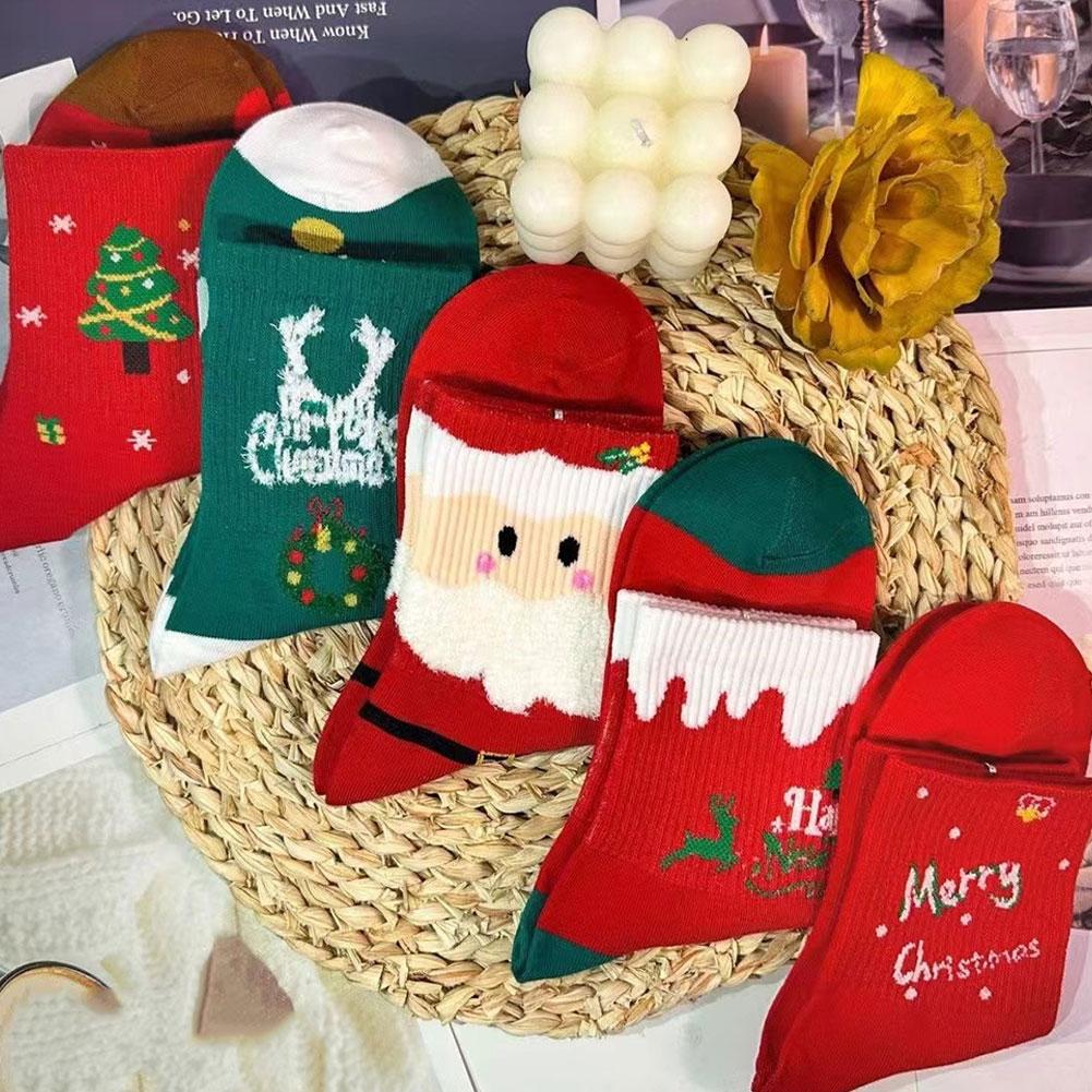 5Pairs Comfortable Cotton Christmas Sock Ornament Christmas Party Children Adult Gift Santa Reindeer Pattern Xmas New Year Decor