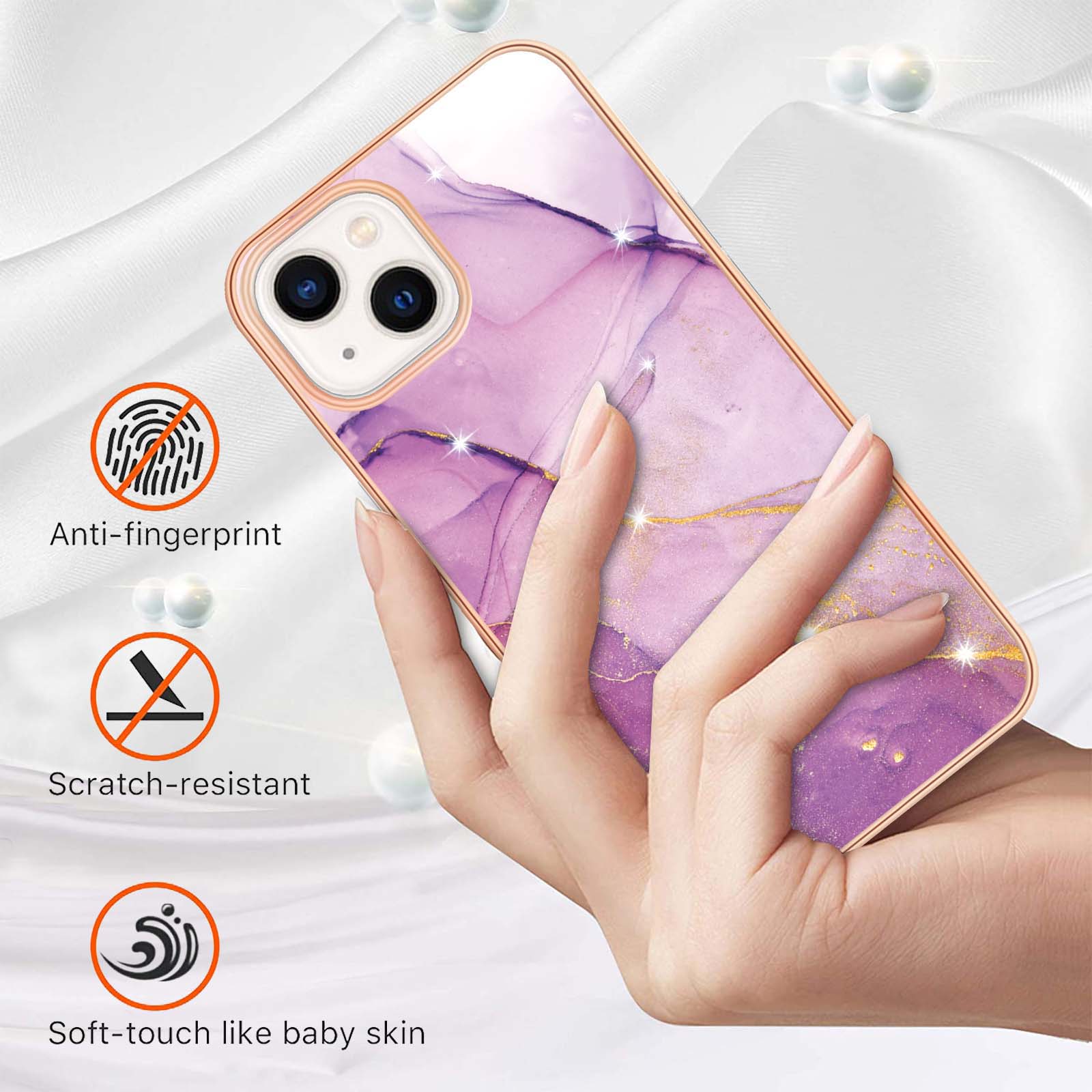 

For iPhone 15 TPU Case with IMD Marble Pattern Electroplated Back Cover White 006