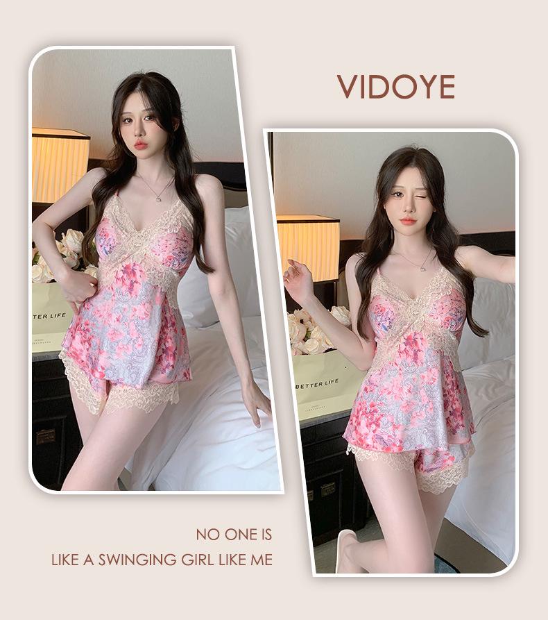 Women's Ice Silk Lace Pajama Set - Camisole & Shorts for Spring/Summer/Autumn