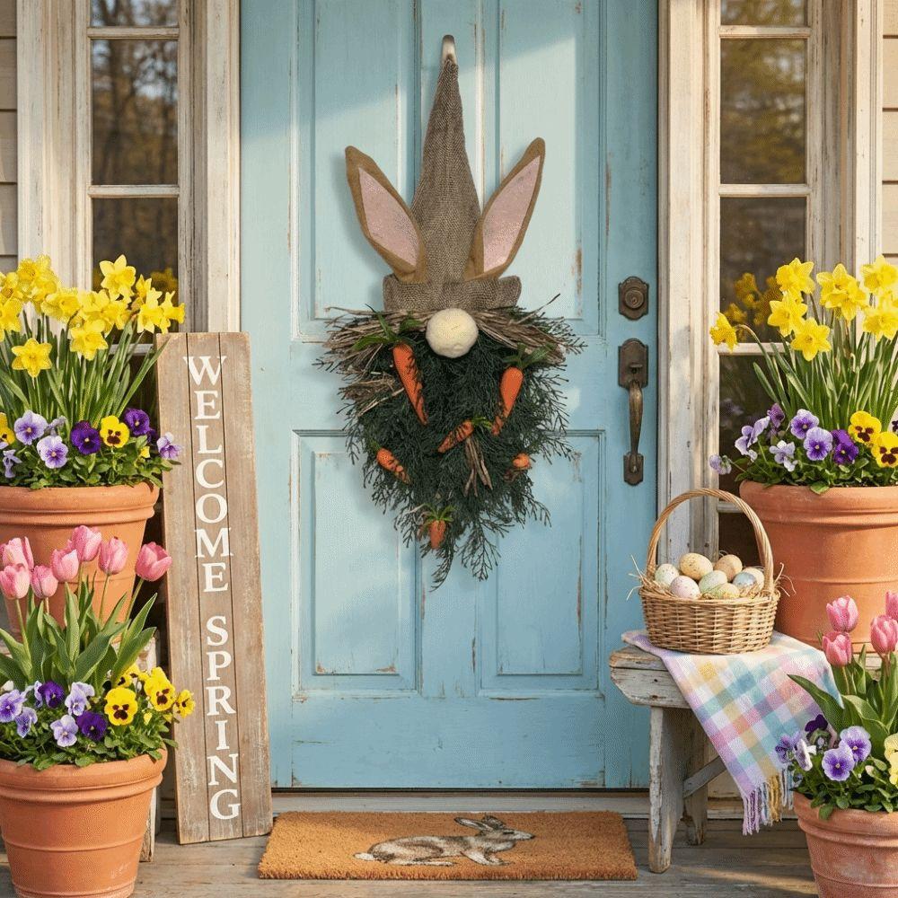 Rustic Style Easter Bunny Wreath Plastic Artificial Garland Easter Gnome Pendant  Porch Wall Decor