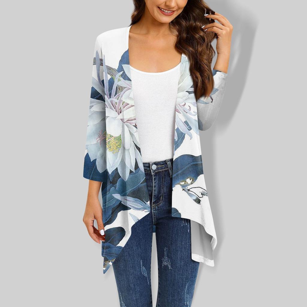 Women's Floral Print Irregular Three-quarter Sleeve Cardigan With Pocket Jacket