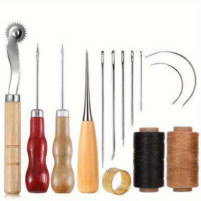14-teiliges Leder-Handnähwerkzeug-Set/Enthält gewachsten Faden und Nadeln mit Holzgriff/Robust für Lederreparatur, Handwerk, Binden, Gürtelherstellung/Ideal