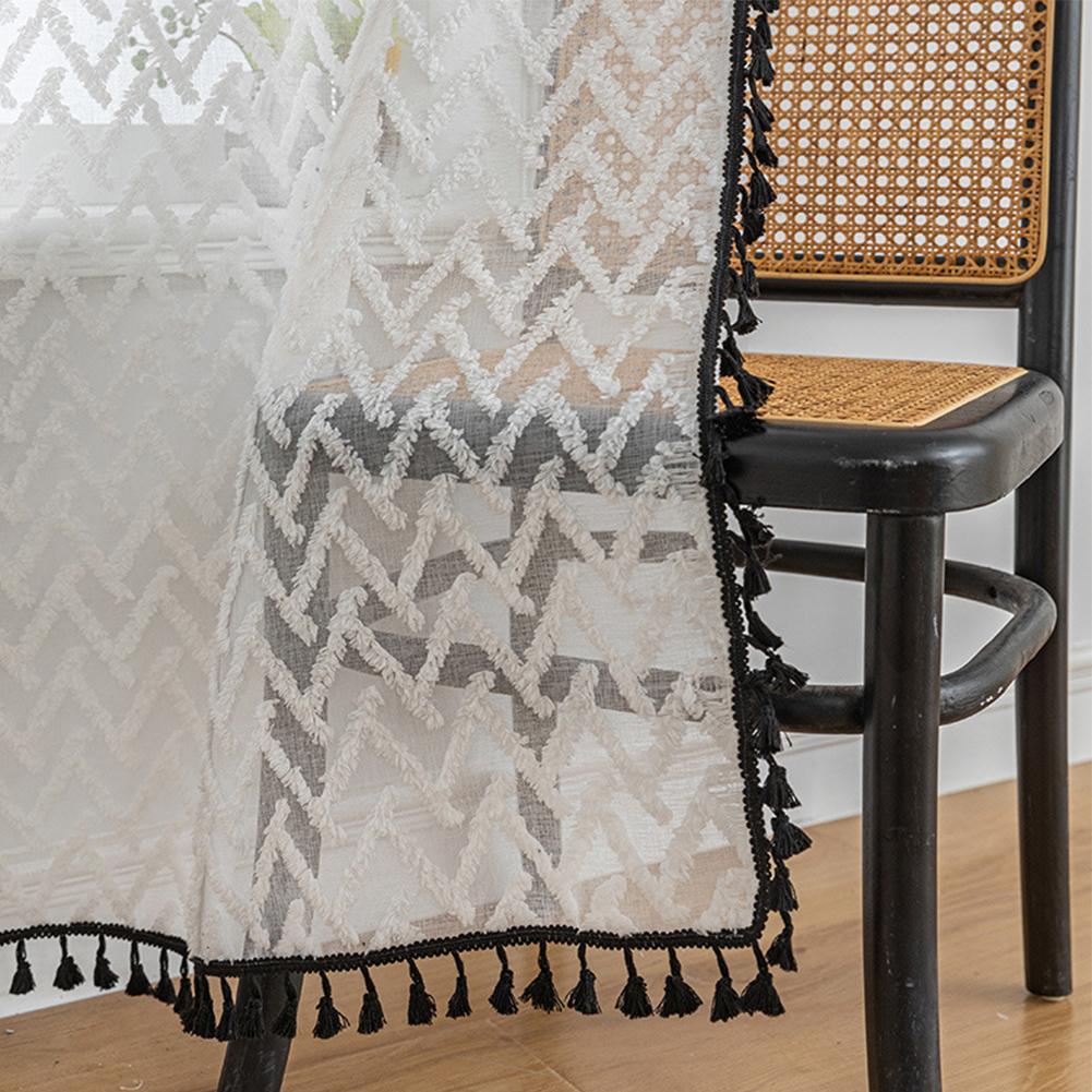 1PC LOZUJOJU Boho Geometric Herringbone Sheer Curtain with Tassels, Light Filtering Tulle for Living Room Bedroom Home Decor