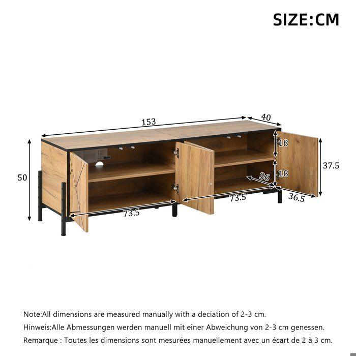 Meuble TV 153x40x50 cm pour TV 65 pouces 4 portes design géométrique grand rangement salon 6 pieds métal bois naturel noir chic