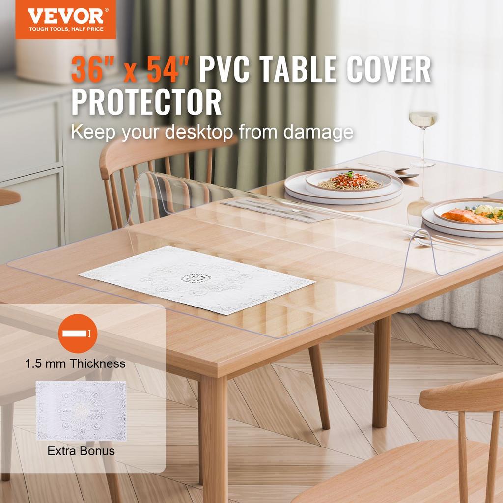 VEVOR Plastic Table Cover, 36 x 54 Inch 1.5 mm Thick Clear Table Protector, Rectangle PVC Desk Mat
