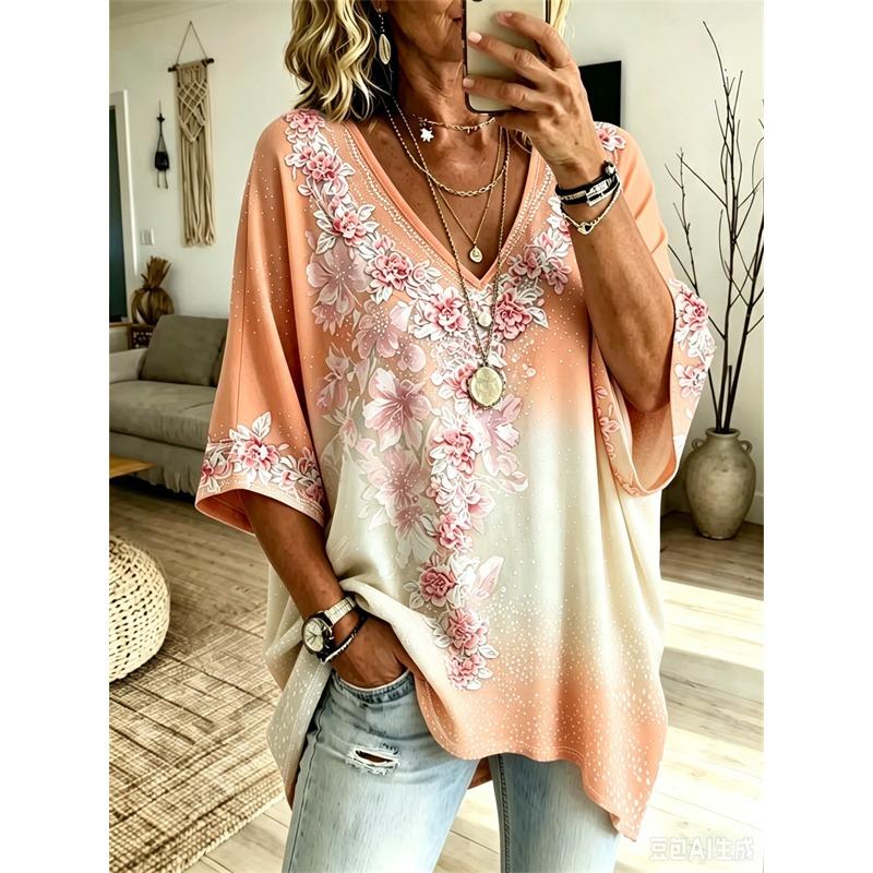 Übergrößen Damen V-Ausschnitt Fledermausärmel T-Shirt Bohemian Ethnischer Druck Lockerer Oberteil Sommer Bequem Atmungsaktiv Tägliches Pendeln Lässig Schlankmachender Stil