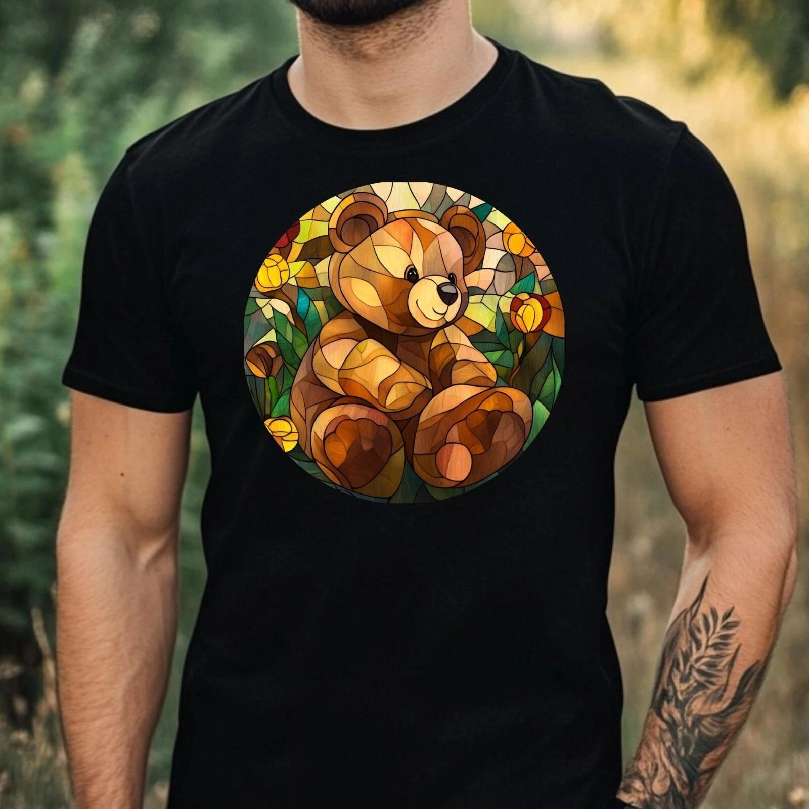 T-Shirt Herren Teddybär Buntglas Motiv Baumwolle Größe XS bis 5XL XXL
