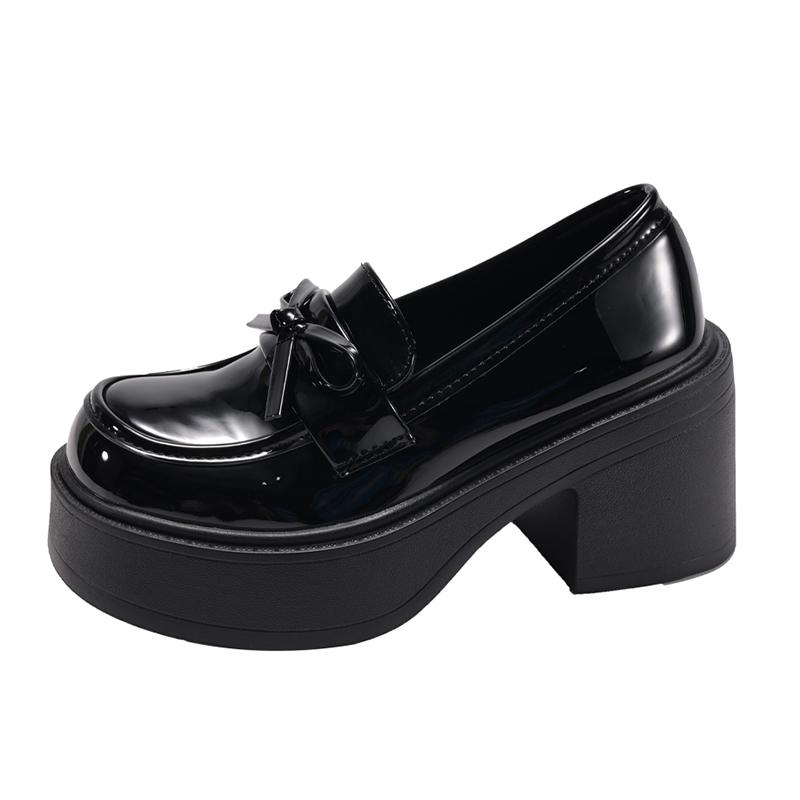 Fashion Bowknot Decor Chunky High Heel Pumps Women 2025 Goth Patent Leather Platform Loafers Woman Fashion Thick Sole Jk Uniform Shoes