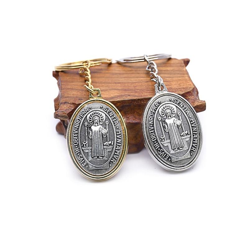Ancient Oval Virgin Holy Father Saint Benedict Exorcism Ancient Silver Pendant Catholic Relic Keychain Religious Ornaments Church Gifts