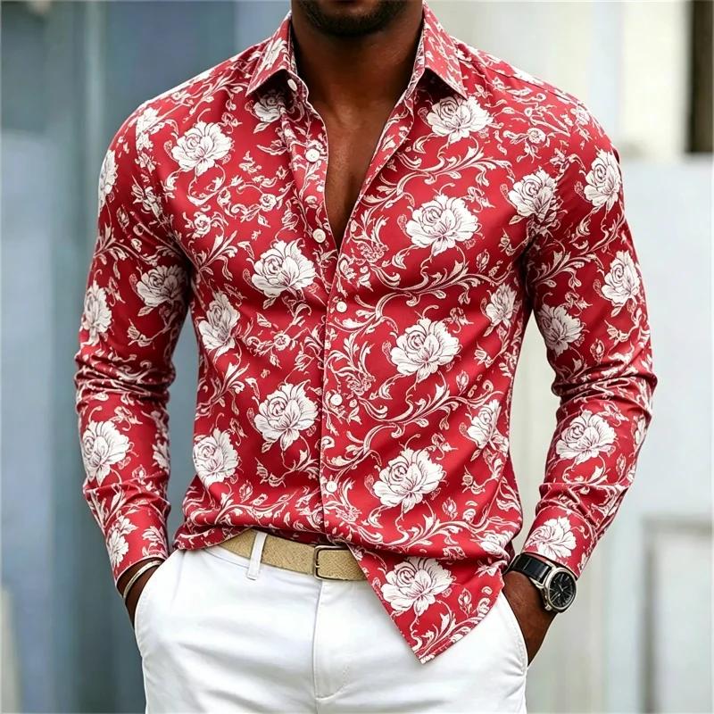 2026 new men's shirt European and American style red rose floral shirt men's slim fit long sleeved vacation casual style