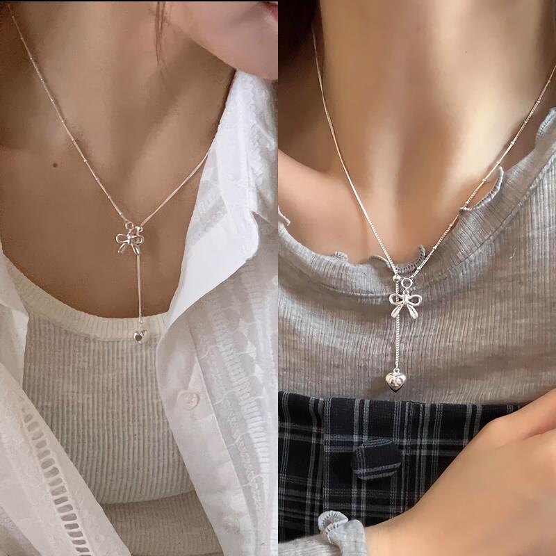 Women's S925 Silver Pull-up Ribbon Heart Knit Necklace