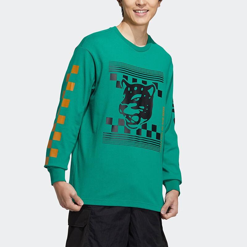 Adidas Neo Logo Print Fashion Comfortable Loose Breathable Knit Crew Neck Long Sleeve Drop Shoulder T-Shirt Unisex T-Shirt Green HN4749