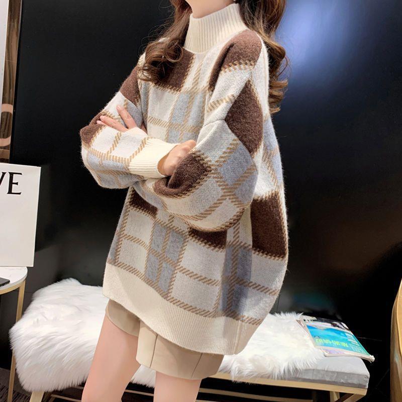 Women's Retro Plaid Half High Neck Loose Knit Sweater - Hong Kong Style 2025 Autumn/Winter.